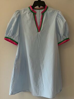 Blue Cotton Dress Pink Green Trim Puff Sleeve Small Spring